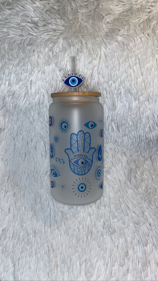 Evil Eye Protection 16oz Frosted glass can cup